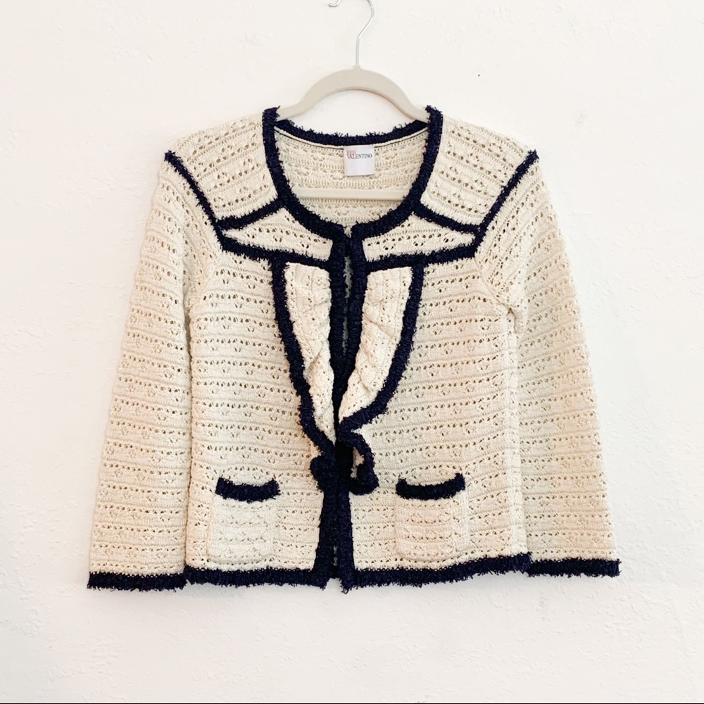RED Valentino Cream Navy Cardigan Sweater Ruffle